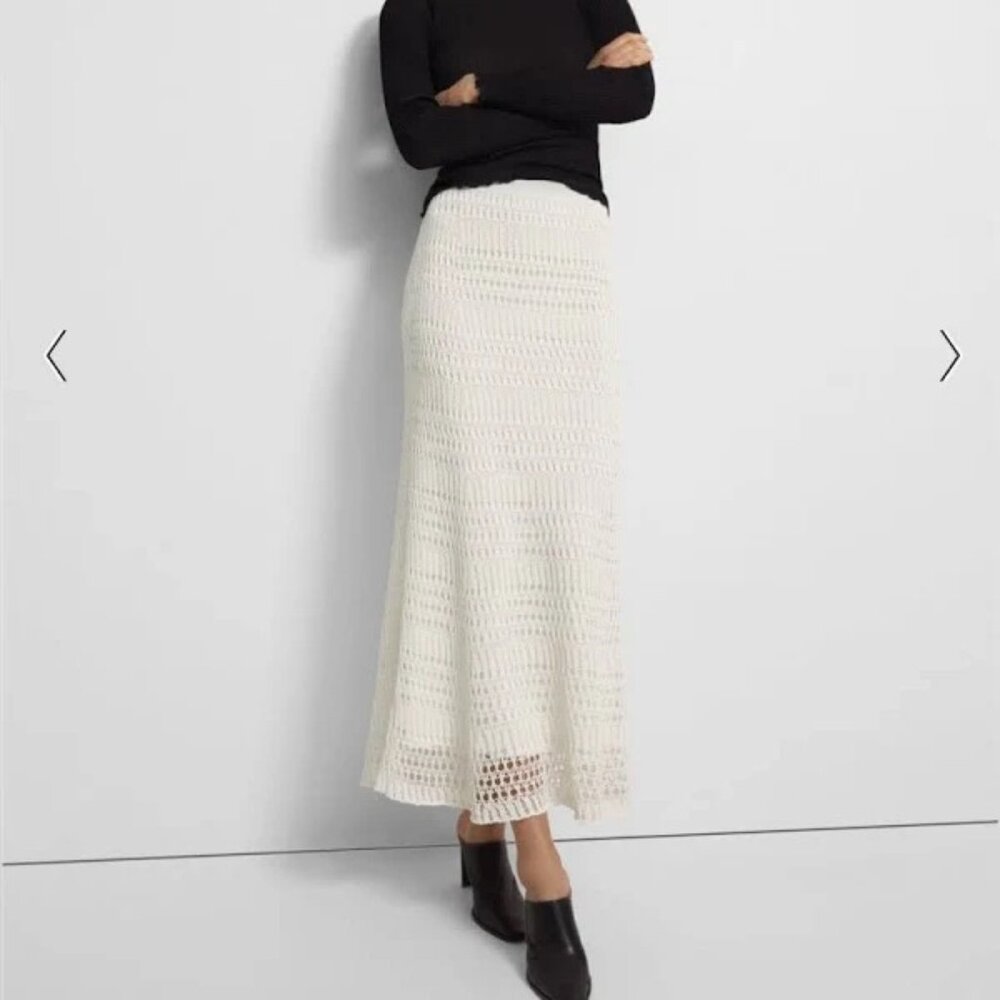 Theory White Crochet Midi Skirt | Size S | Elastic Waist Lined Resort Beach Skir
